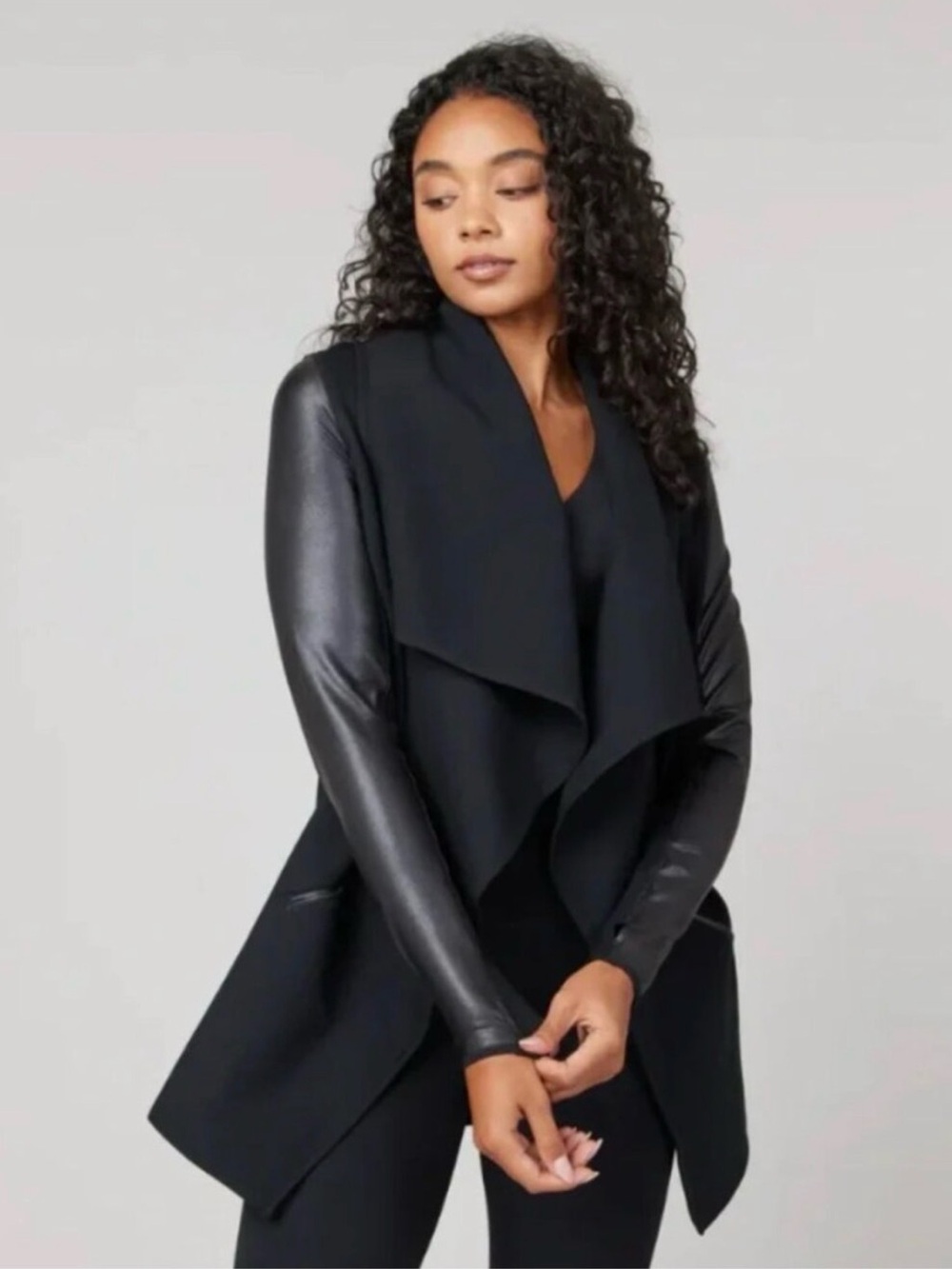 Spanx Black Draped Jacket with Faux Leather Sleeves XL